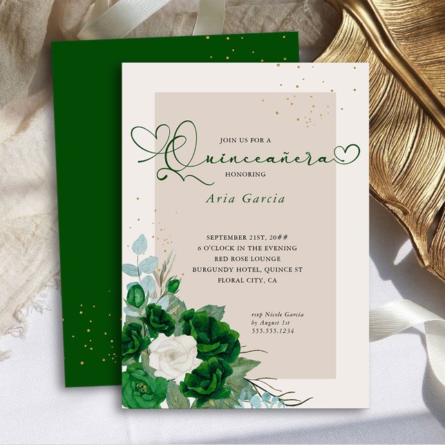 Emerald Green and Ivory Roses Elegant Quinceanera Invitation (Quinceanera Invitation from the Royal Rose Emerald Green Quinceanera Collection by Darling & May)