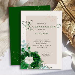 Emerald Green and Ivory Roses Elegant Quinceanera Invitation
