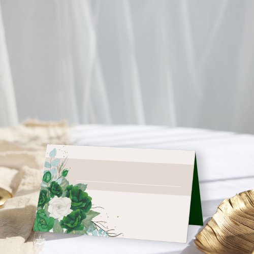 Emerald Green and Ivory Roses with Name Panel Place Card