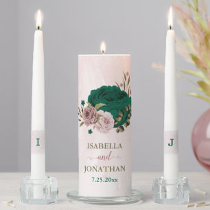 emerald green and pink flowers wedding unity candle set