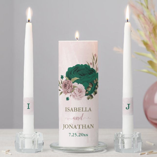 emerald green and pink flowers wedding unity candle set (In Situ)