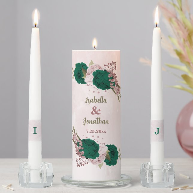 emerald green and pink flowers wedding unity candle set (In Situ)