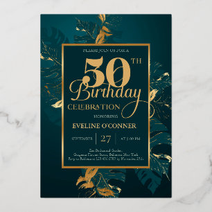 Emerald green and real gold foil 50th birthday foi invitation
