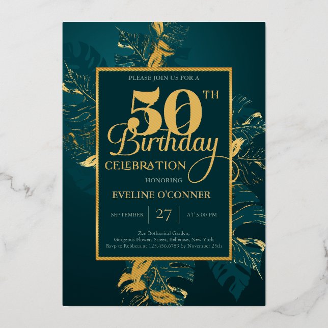 Emerald green and real gold foil 50th birthday foi invitation (Front)
