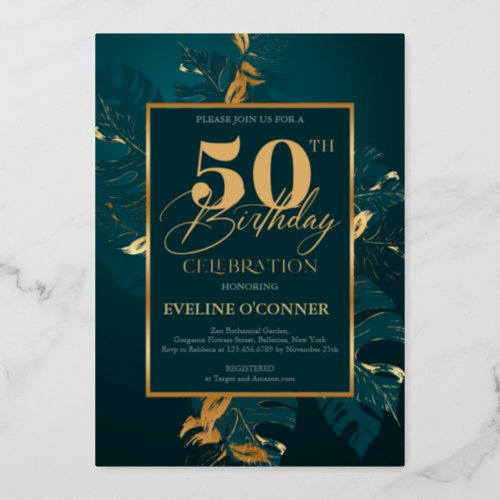 Emerald green and real gold foil 50th birthday foil invitation