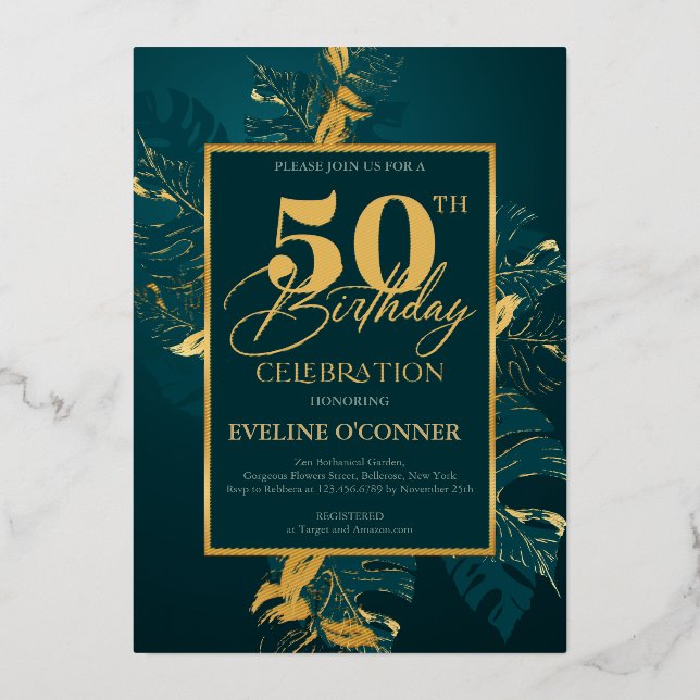 Emerald green and real gold foil 50th birthday invitation (Front)