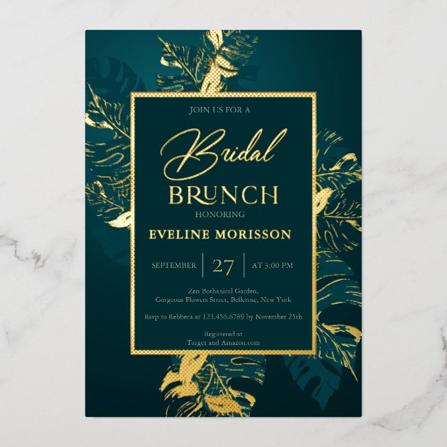 Emerald green and real gold foil bridal brunch invitation (Front)