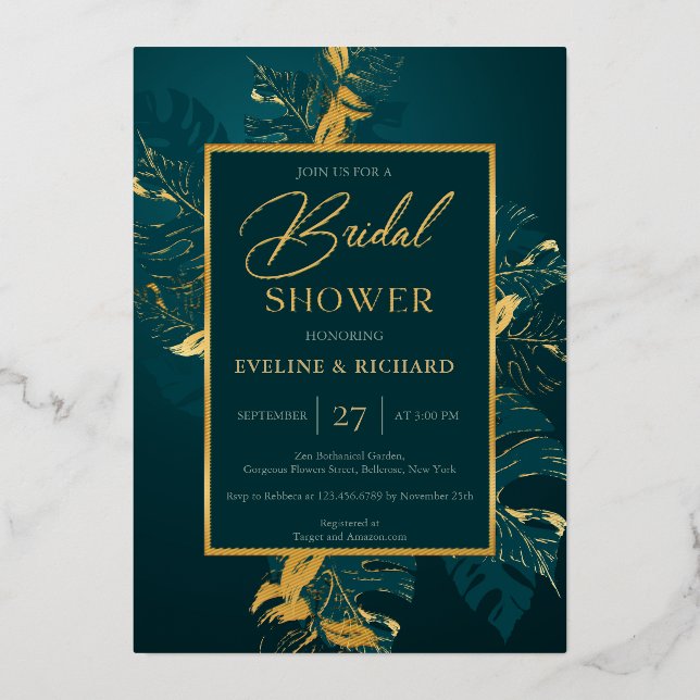 Emerald green and real gold foil bridal shower foil invitation (Front)