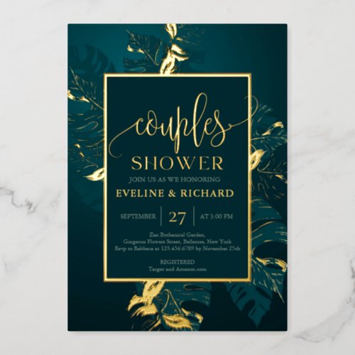 Emerald green and real gold foil couples shower foil invitation
