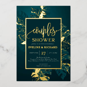 Emerald green and real gold foil couples shower invitation