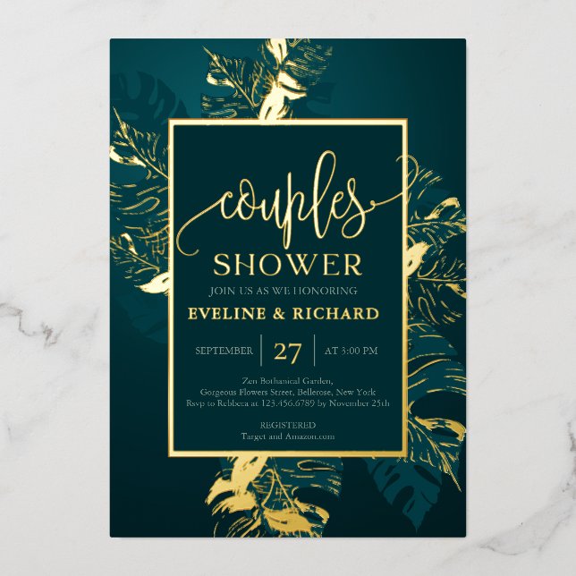 Emerald green and real gold foil couples shower invitation (Front)