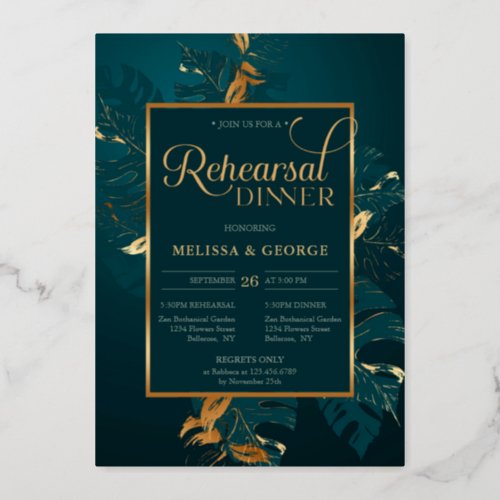 Emerald green and real gold foil rehearsal dinner foil invitation