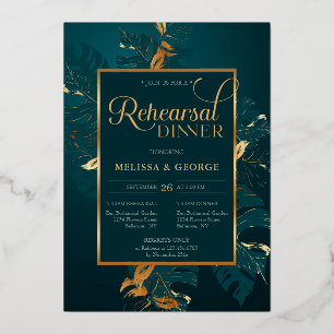 Emerald green and real gold foil rehearsal dinner invitation