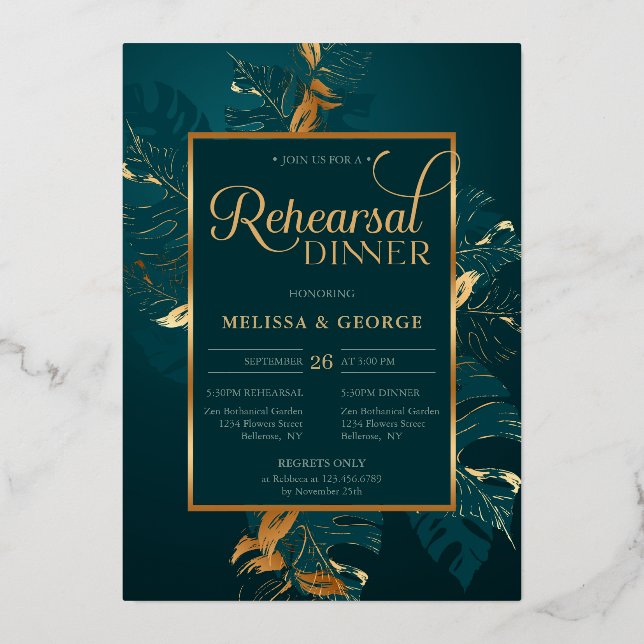 Emerald green and real gold foil rehearsal dinner invitation (Front)