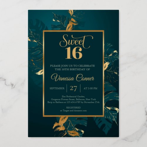 Emerald green and real gold foil sweet sixteen foi foil invitation