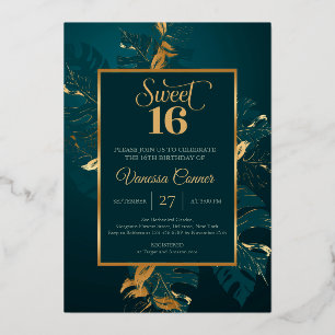 Emerald green and real gold foil sweet sixteen foi invitation