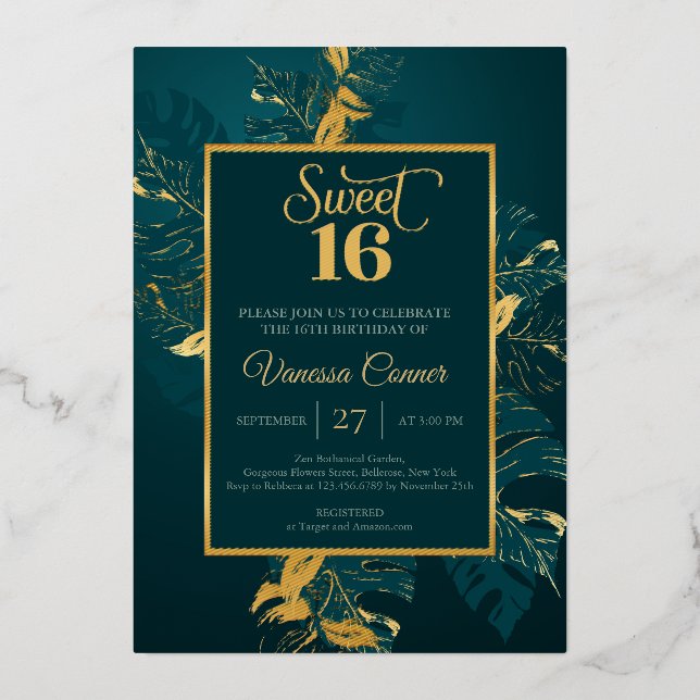 Emerald green and real gold foil sweet sixteen foi invitation (Front)