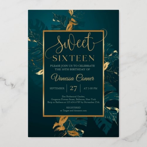 Emerald green and real gold foil sweet sixteen foil invitation