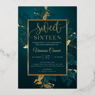 Emerald green and real gold foil sweet sixteen invitation