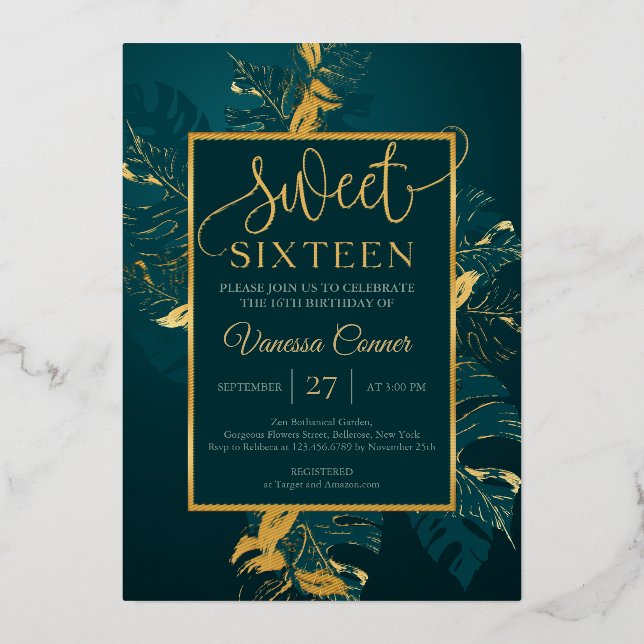 Emerald green and real gold foil sweet sixteen invitation (Front)