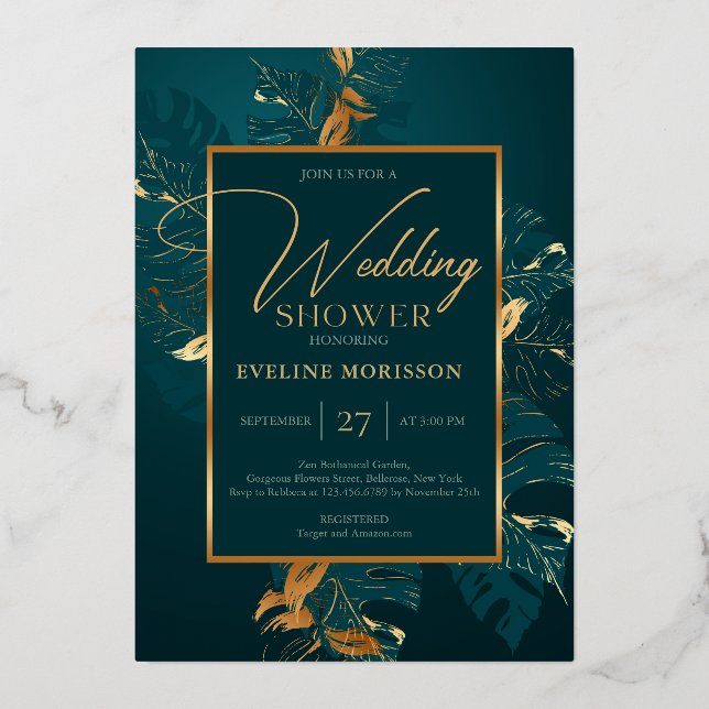 Emerald green and real gold foil wedding shower invitation (Front)