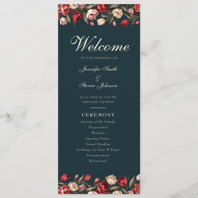 Emerald Green and Red Tulip Wedding Program (Front)