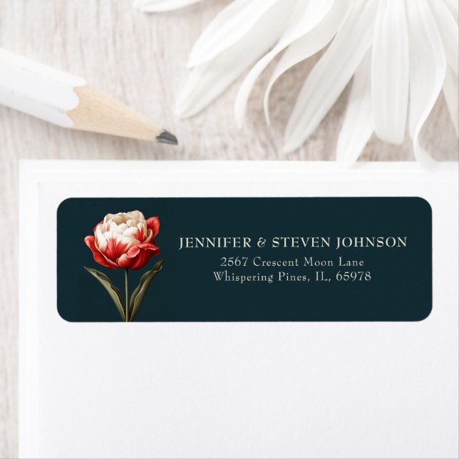 Emerald Green and Red Tulip Wedding Return Label (Insitu)
