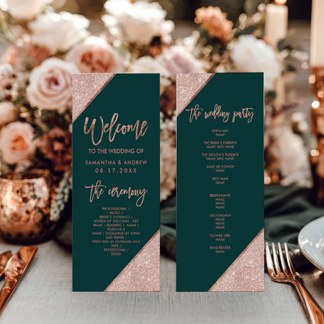 Rose Gold Program Emerald Green and Rose Gold Glitter Wedding Program | Zazzle