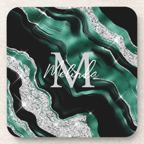 Emerald Green and Silver Abstract Agate Beverage Coaster