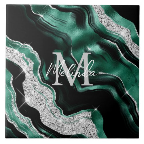 Emerald Green and Silver Abstract Agate Ceramic Tile