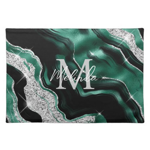 Emerald Green and Silver Abstract Agate Cloth Placemat