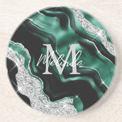 Emerald Green and Silver Abstract Agate Coaster