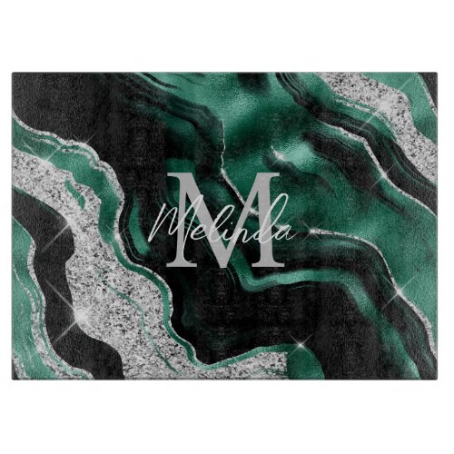 Emerald Green and Silver Abstract Agate Cutting Board