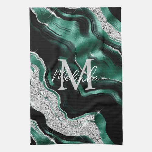 Emerald Green and Silver Abstract Agate Kitchen Towel
