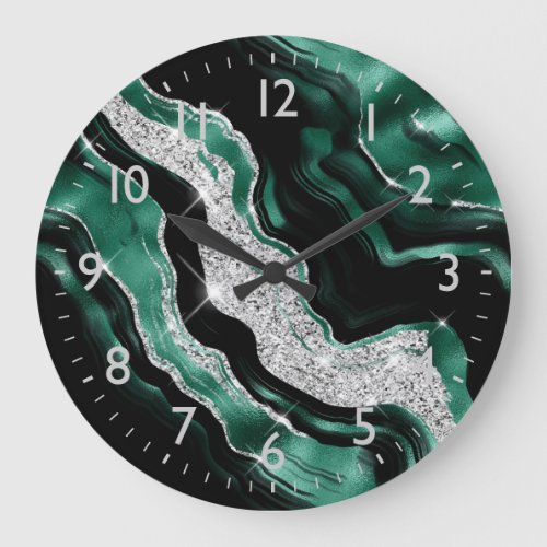 Emerald Green and Silver Abstract Agate Large Clock