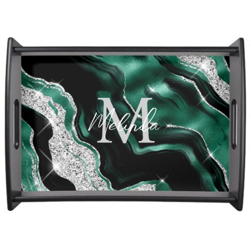 Emerald Green and Silver Abstract Agate Serving Tray