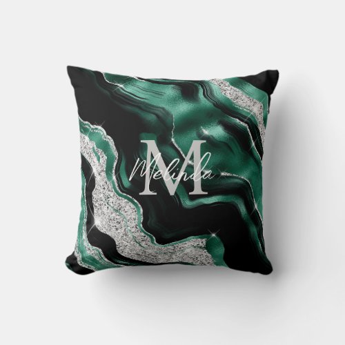 Emerald Green and Silver Abstract Agate Throw Pillow