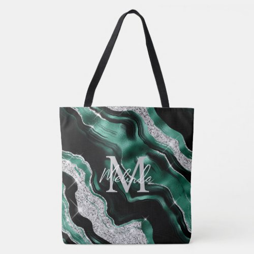 Emerald Green and Silver Abstract Agate Tote Bag