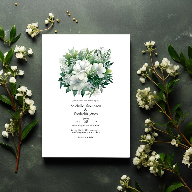 Emerald Green and Silver Floral Wedding Invitation (Creator Uploaded)