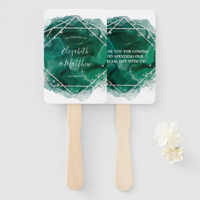 Emerald Green and Silver Geometric Glitter Wedding Hand Fan (Front and Back)