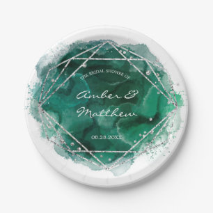 Emerald Green and Silver Geometric Wedding Paper Plates