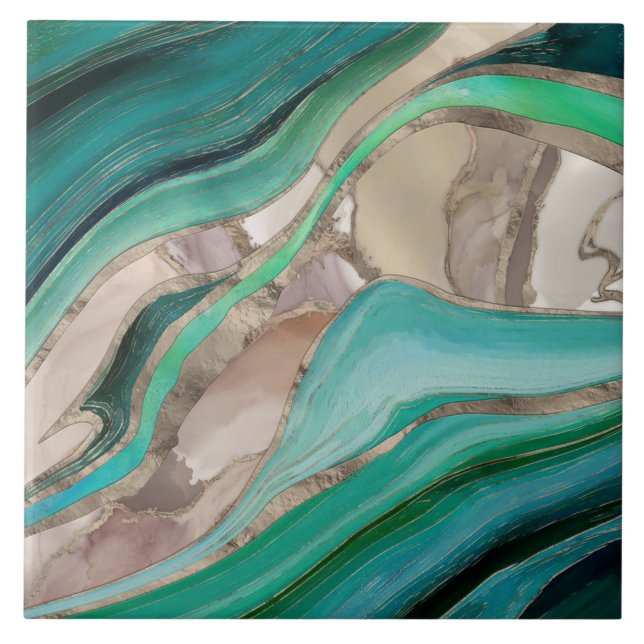 Emerald green and taupe marble ceramic tile (Front)