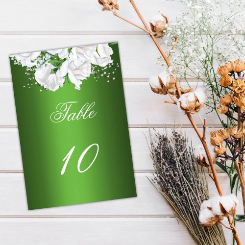 Emerald Green and White Bridal Roses Wedding Table Number