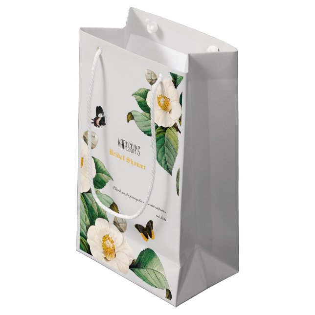 Emerald Green and White Camellia Small Gift Bag (Front Angled)