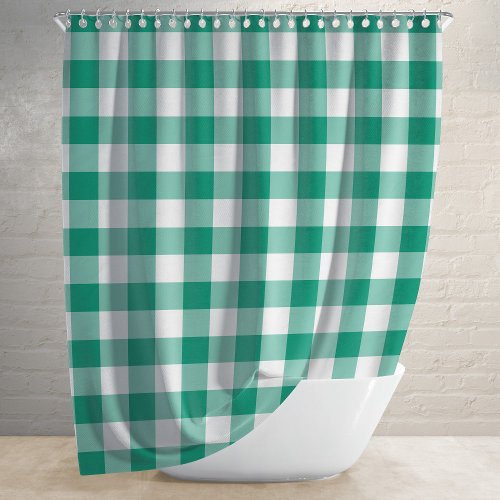 Emerald Green And White Checked Gingham Pattern Shower Curtain