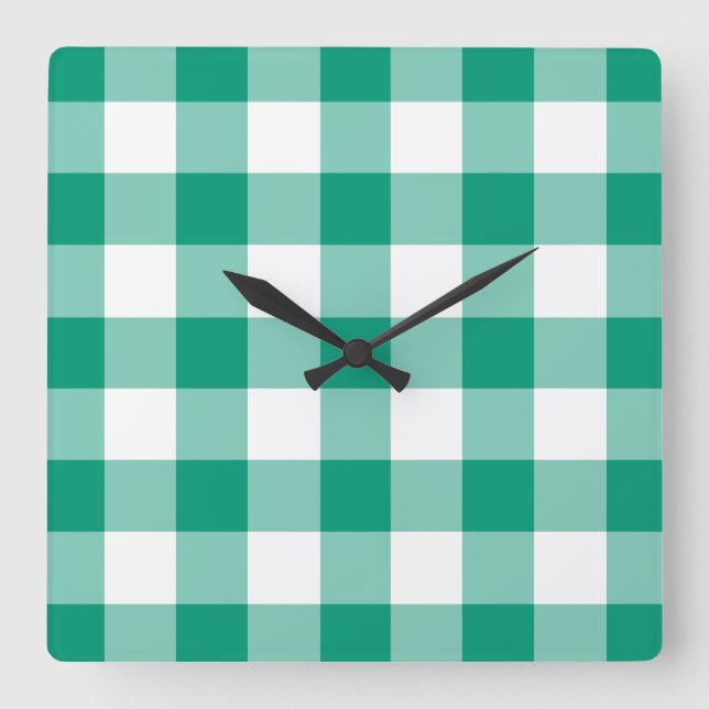 Emerald Green And White Checks Gingham Pattern Square Wall Clock (Front)