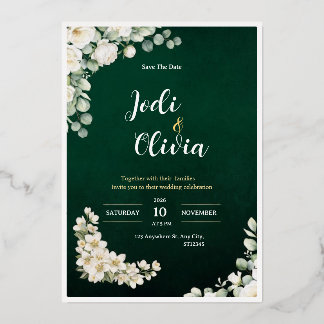 Emerald Green and White Floral Wedding Invitation Foil Invitation
