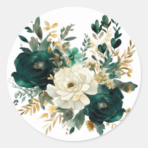 Emerald Green and White Gold Peonies Wedding Classic Round Sticker