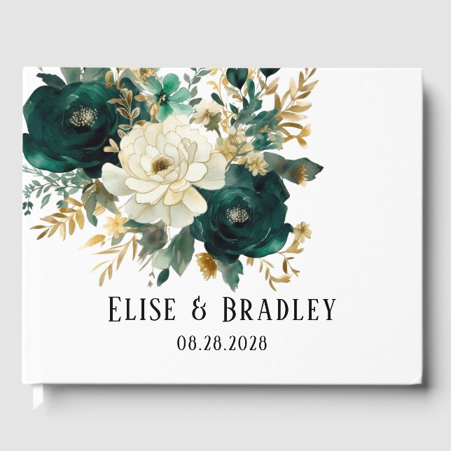 Emerald Green and White Gold Peonies Wedding Guest Book (Front)