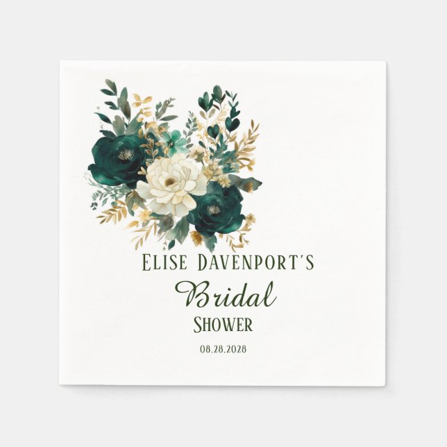 Emerald Green and White Gold Peonies Wedding Napkins (Front)